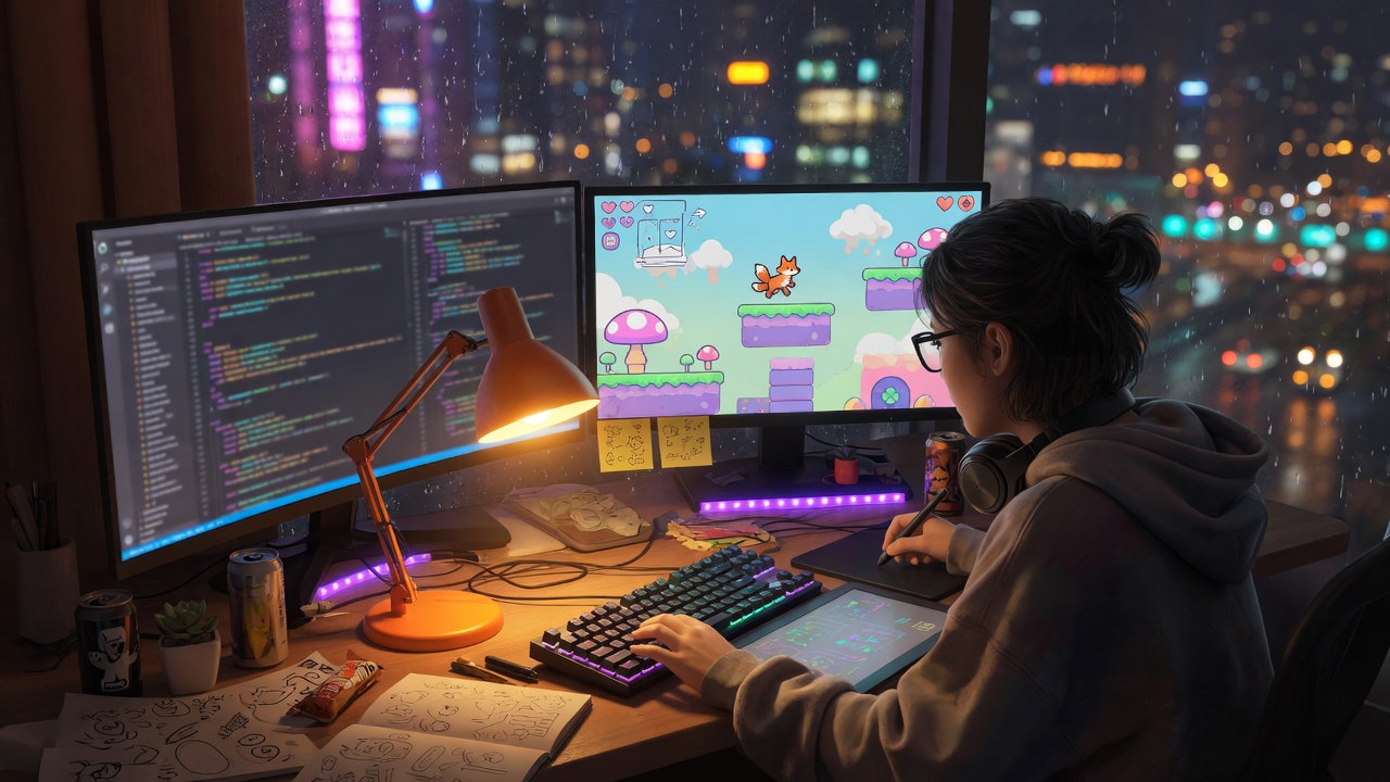 Person building at dual monitors